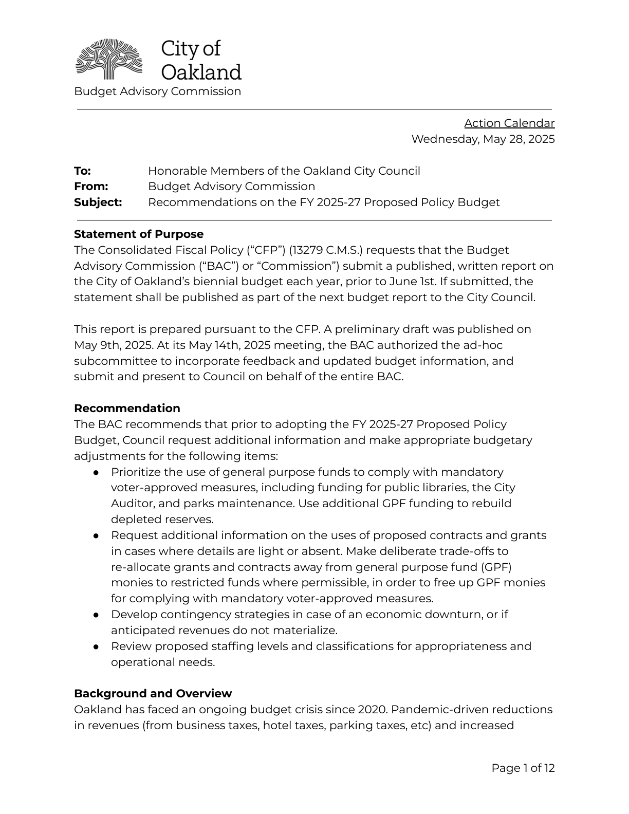 Oakland BAC FY 25-27 Budget Review Report